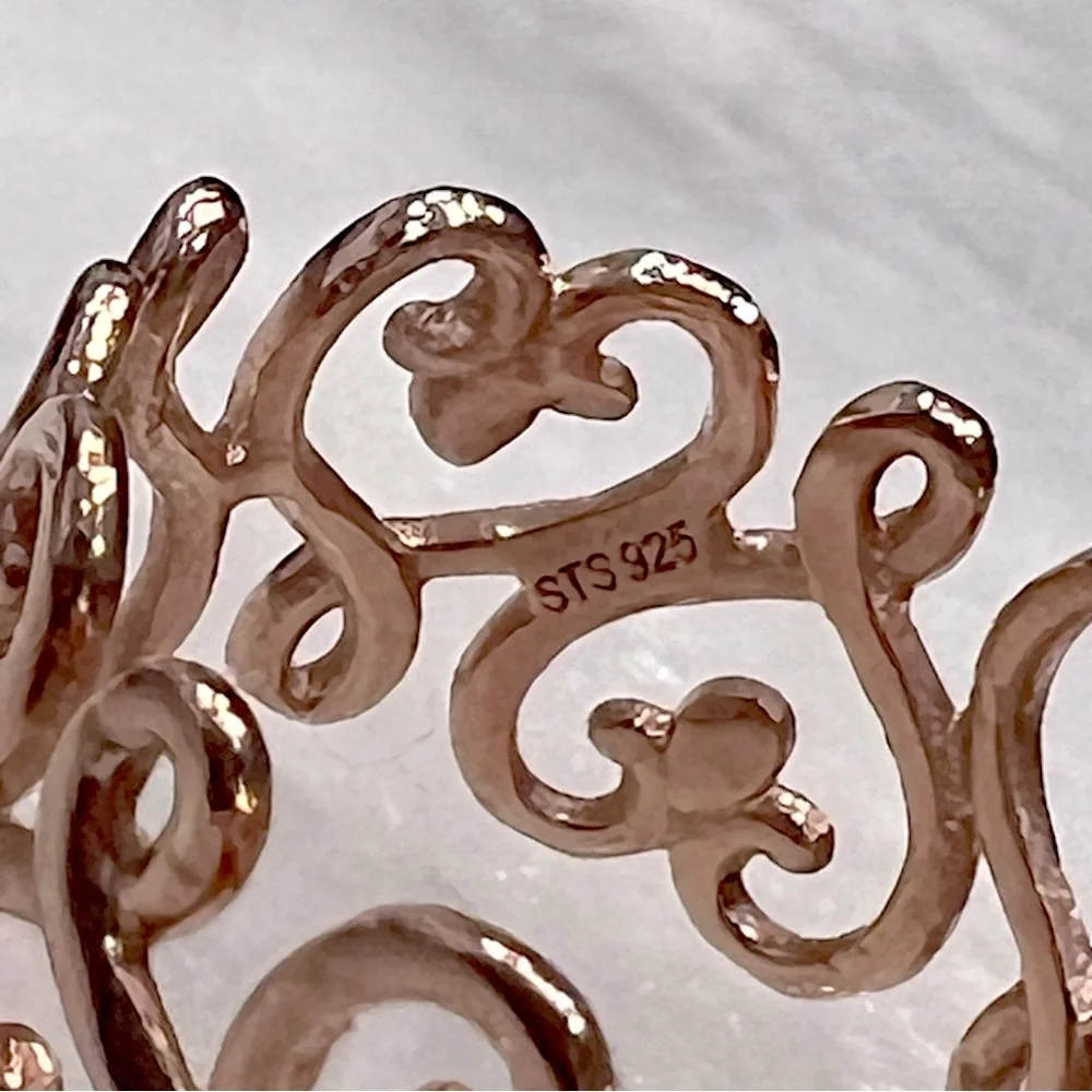 14K RG Sterling Silver Scrolled Heart Filigree Band Ring Sz 8